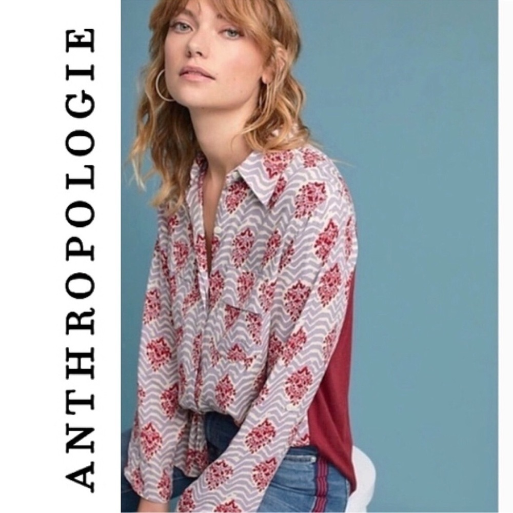 EUC Anthro Porridge Damask Contrast Button Top